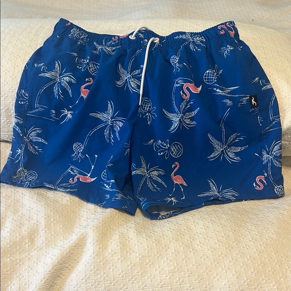 Men’s Hollister Swim Shorts with Flamingo and Palm Tree Print.